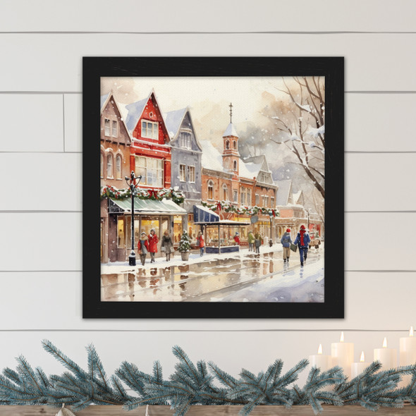 Vintage snowy Christmas holiday street scene framed canvas wall art print sign