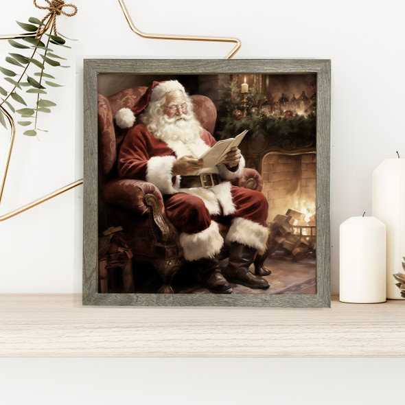 Vintage santa seated by cozy fireplace with christmas storybook framed canvas wall art print sign