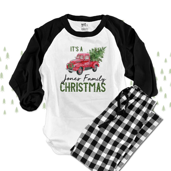 Family Christmas vintage truck personalized raglan shirt with pants option