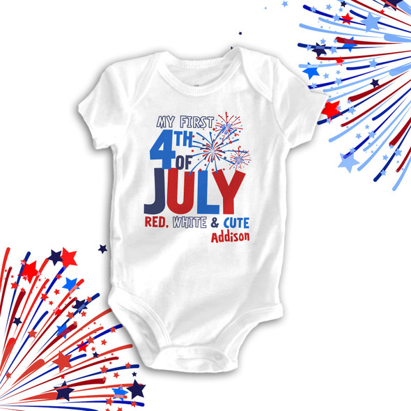 First 4th of July red white and cute fireworks personalized bodysuit or Tshirt