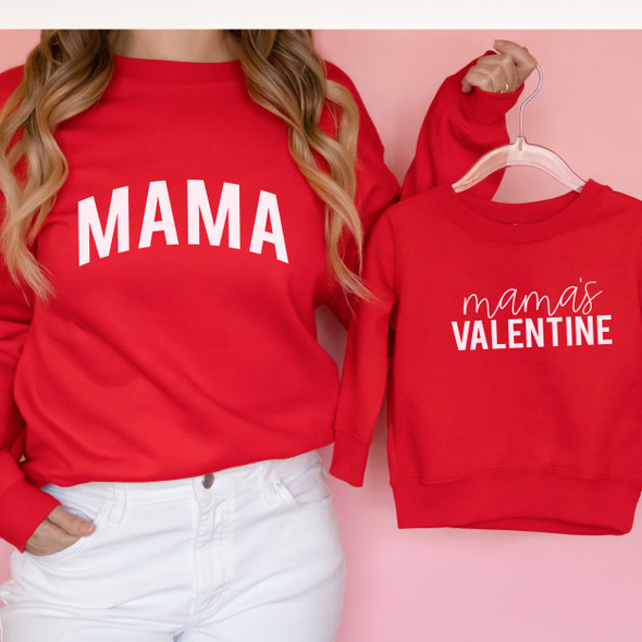 Mama or Mama's Valentine matching sweatshirts with personalized adult sleeve option 