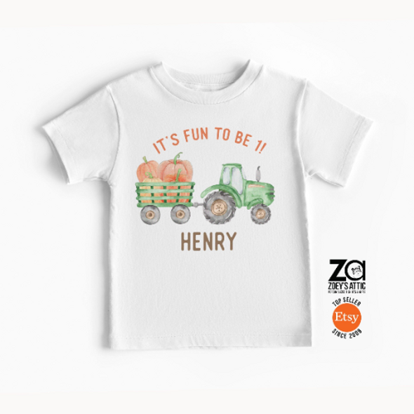 First birthday fun to be 1 tractor and pumpkin personalized Tshirt