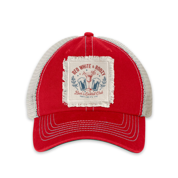 Funny July 4th red white & boozy raggy patch trucker cap hat