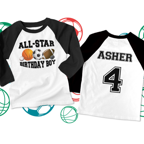 Birthday shirt sports boy front and back all star sports theme personalized raglan Tshirt