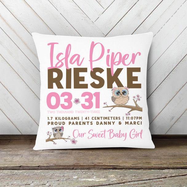 Birth announcement pillow hoot owl custom throw pillow with pillowcase