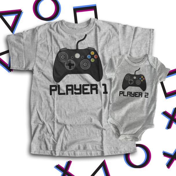 Video game player 1 and player 2 matching dad and kiddo t-shirt or bodysuit custom gift set 