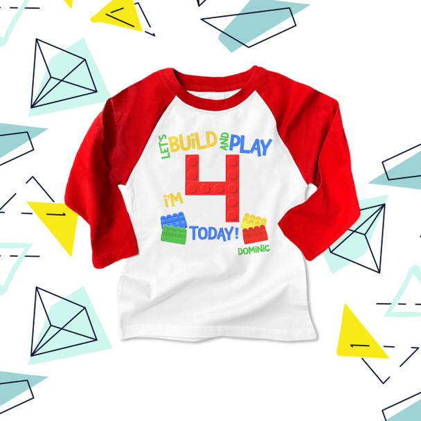 Birthday shirt building blocks build and play boy or girl personalized raglan Tshirt