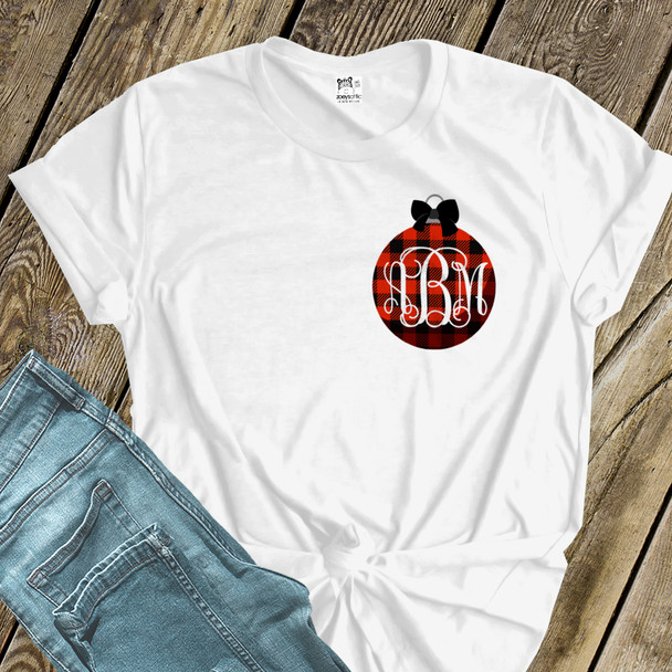 Holiday shirt monogram red buffalo plaid Christmas ornament womens crew neck or v-neck personalized Tshirt