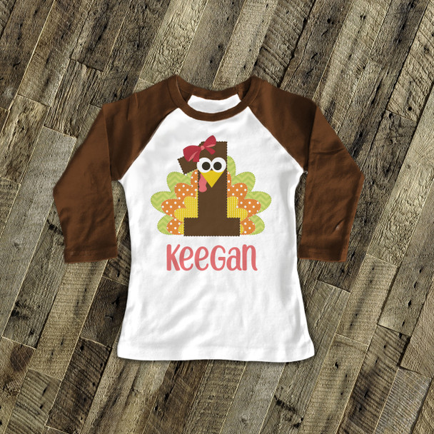 First birthday shirt funny Thanksgiving turkey 1st (or any) birthday boy or girl personalized raglan Tshirt