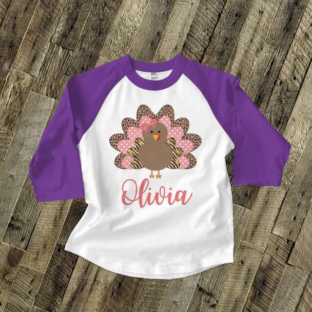 Thanksgiving shirt girl turkey animal print personalized Thanksgiving raglan Tshirt