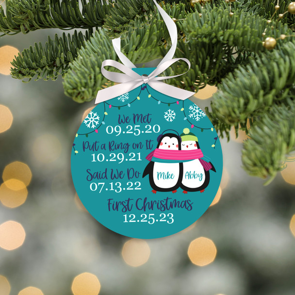 Holiday ornament penguin couple's important dates first Christmas together personalized ornament 