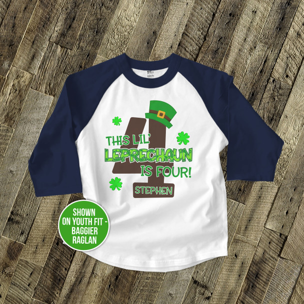 First birthday shirt li'l leprechaun any age personalized St. Patrick's Day raglan birthday Tshirt