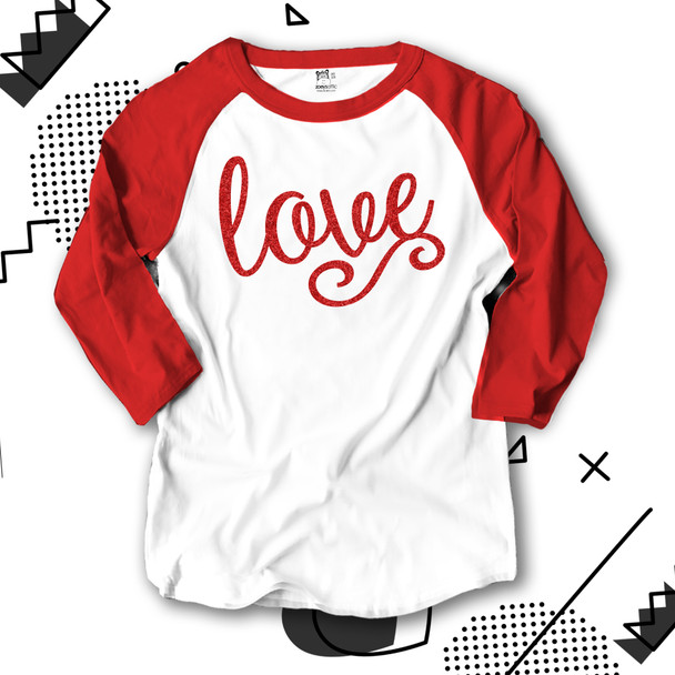 Valentine sparkly love glitter ADULT raglan shirt