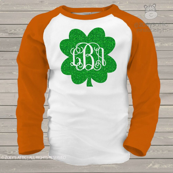 Monogram sparkly glitter shamrock girls raglan shirt