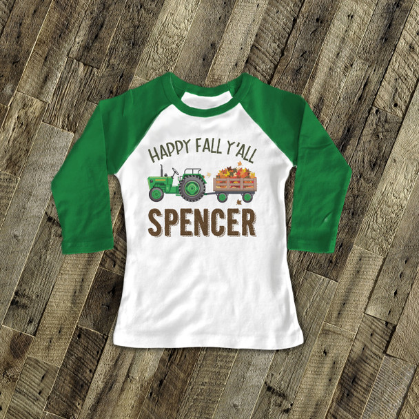 Happy fall y'all tractor and leaves raglan shirt