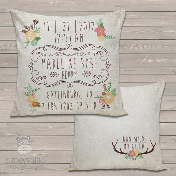 Rustic flower birth announcement pillow with back pattern