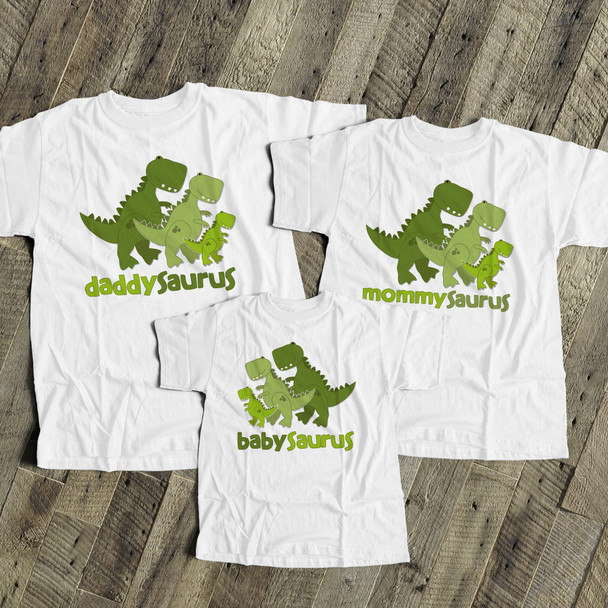 Dinosaur daddy mommy baby saurus matching THREE shirt gift set