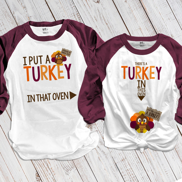 Thanksgiving turkey in oven pregnancy announcement unisex adult raglan shirt set