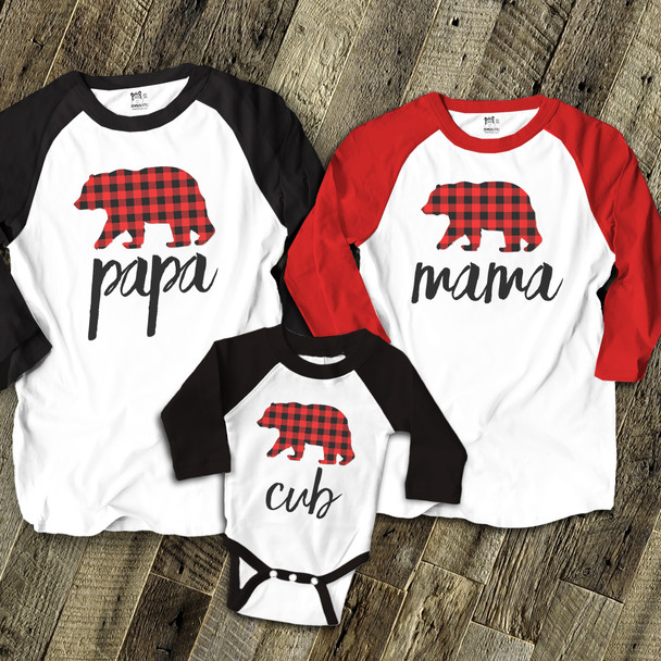 Christmas red plaid bear family matching THREE raglan shirt gift set