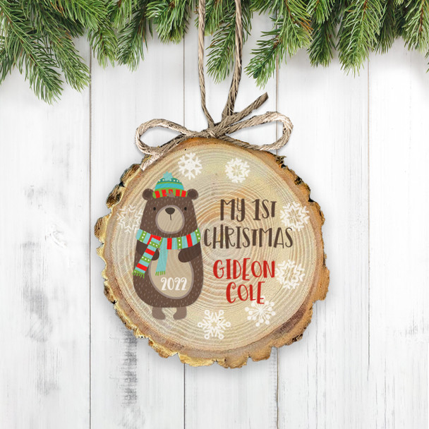 My 1st Christmas bear wood slice ornament