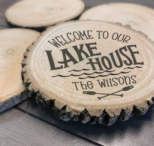 Lake house rustic SET OF FOUR personalized wood slice coasters