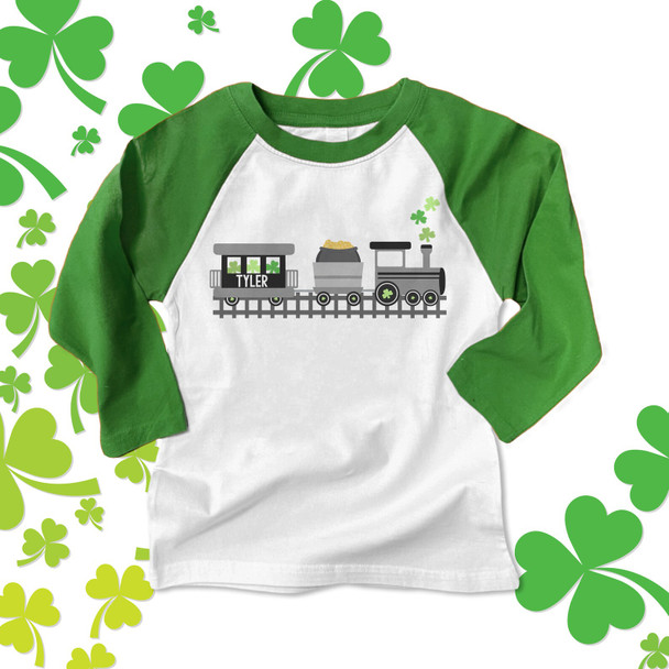 St. Patricks Day shamrock train personalized childrens raglan shirt