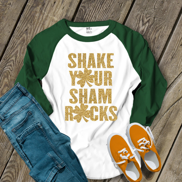 Funny St. Patricks Day glitter shake your shamrocks adult raglan shirt