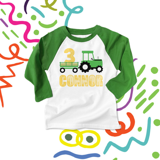 Third birthday green yellow tractor plow personalized raglan Tshirt