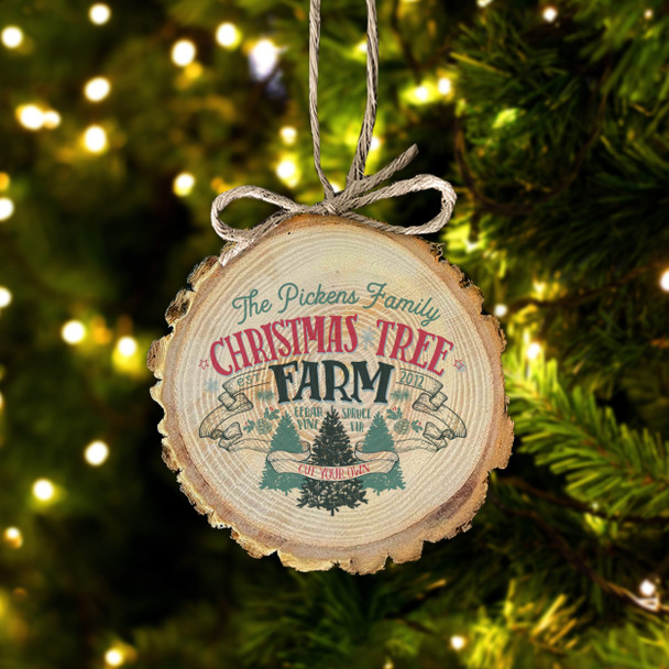 Christmas tree farm family personalized wood slice ornament