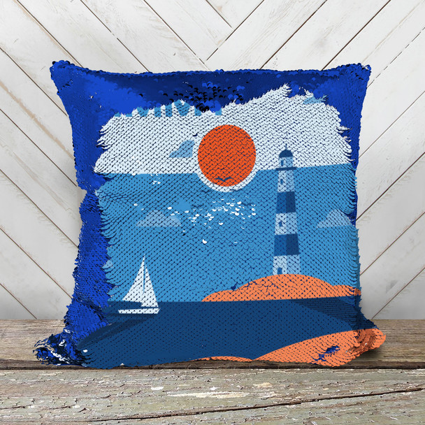 Lighthouse with sailboat personalized decorative sequin pillowcase pillow