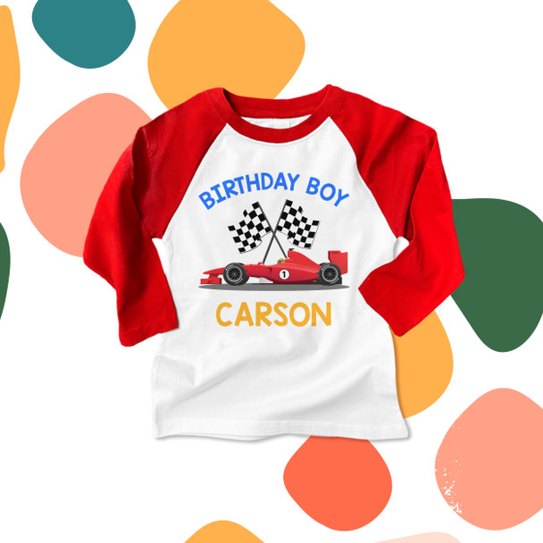 Birthday race car any age boy personalized  raglan shirt 