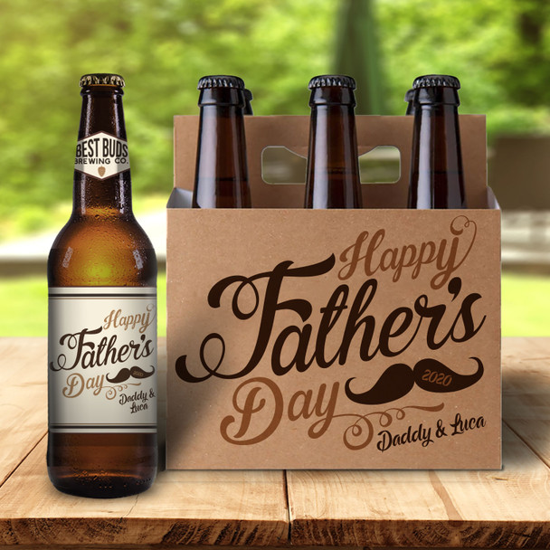 Happy Father's Day mustache personalized six pack beer holder and optional beer bottle labels