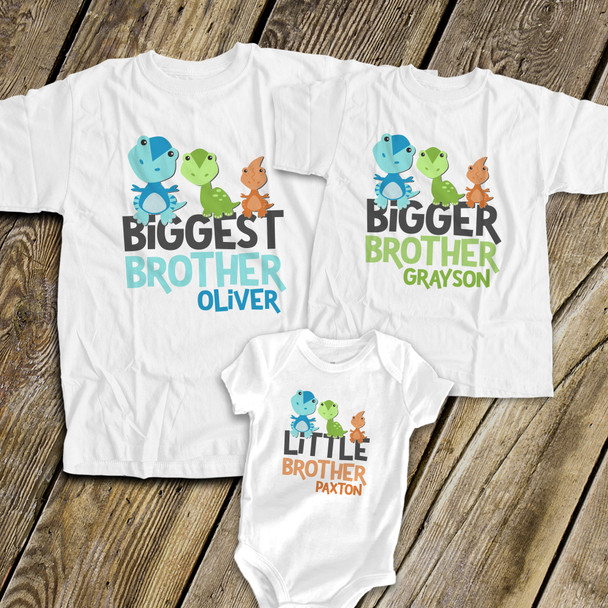 Biggest big and little brother or sister dinosaur three sibling Tshirt set