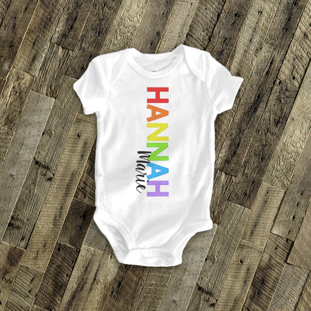 Rainbow vertical first name with middle name bodysuit or Tshirt