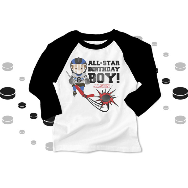 All-star hockey birthday boy any age personalized raglan shirt