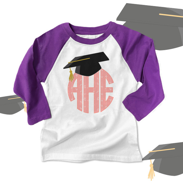 Graduation girl monogram with grad cap raglan shirt