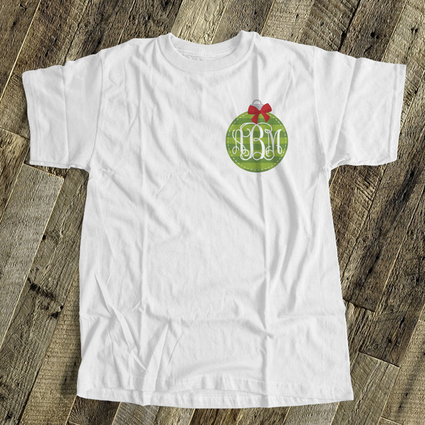 Holiday shirt monogram green Christmas ornament womens crew neck or v-neck personalized Tshirt