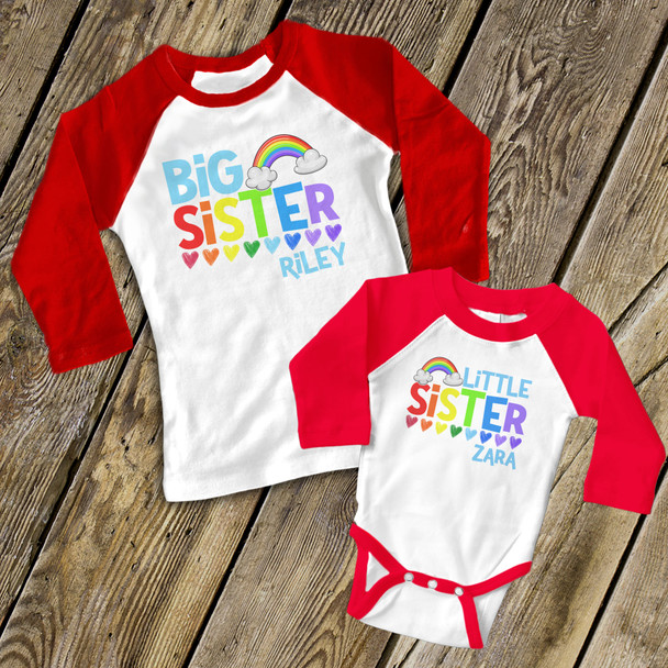 Big sister little sister colorful rainbow and hearts sibling raglan shirt and bodysuit set 