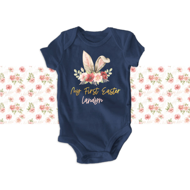 My First Easter floral bunny ears with gold foil accents girl bodysuit or Tshirt