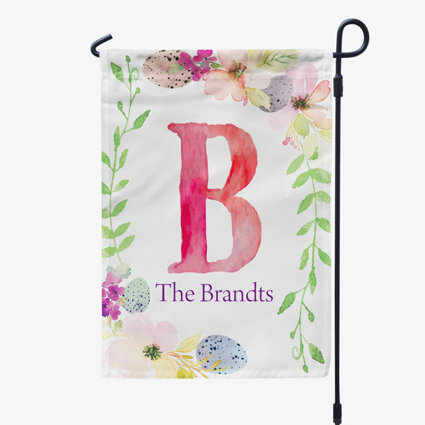 Watercolor floral initial with name personalized garden flag with stand option