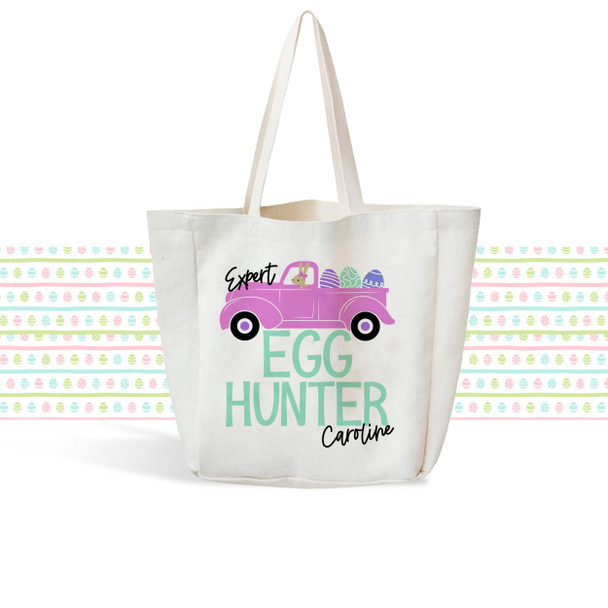 Girls Easter Bunny egg hunting linen textured tote bag bunny truck