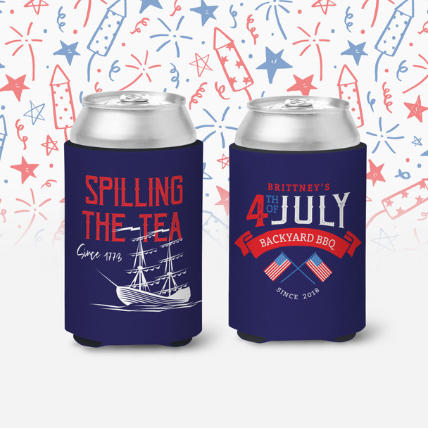 4th of July backyard BBQ spilling the tea personalized slim or regular size can coolie
