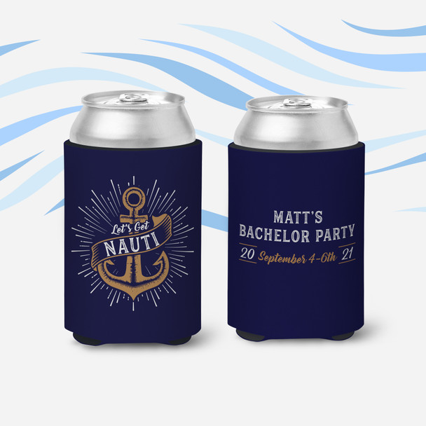 Bachelor party let's get nauti personalized can coolies