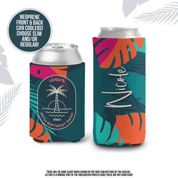 40th birthday bash palm tree personalized slim or regular size can coolie