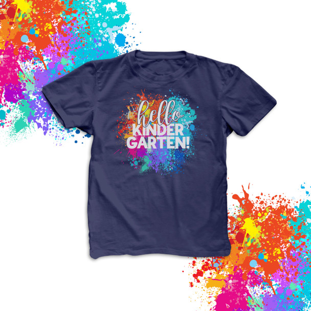 Hello kindergarten or any grade back to school paint splatter student DARK Tshirt