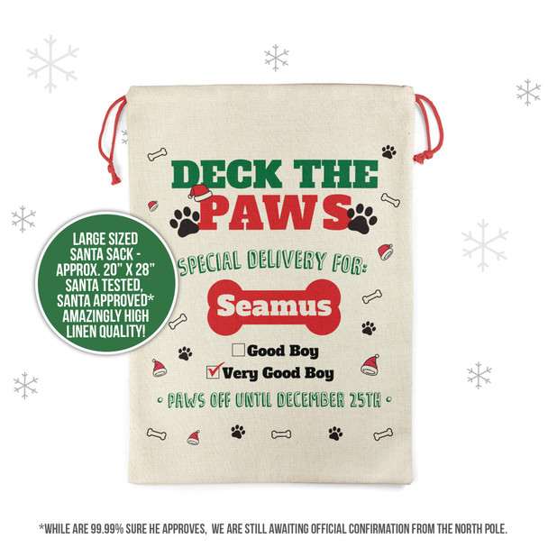 Deck the paws special delivery very good boy personalized santa sack for pets