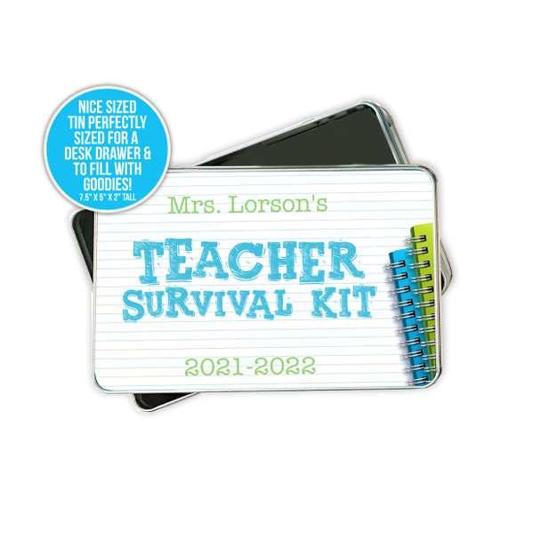 Teacher gift survival kit tin box personalized with name and school year