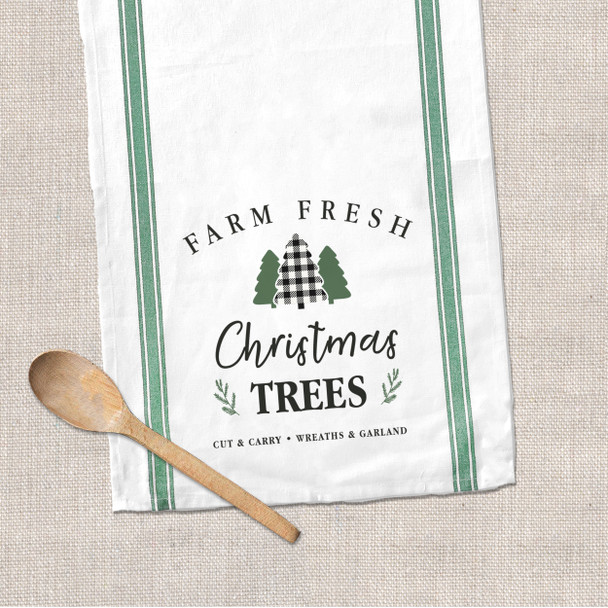 Christmas farm fresh Christmas trees decorative green stripe tea towel