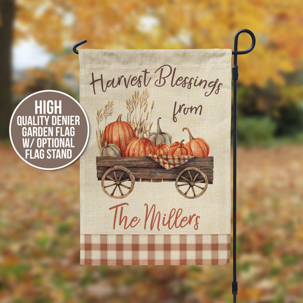 Harvest blessings pumpkin cart personalized garden flag with stand option