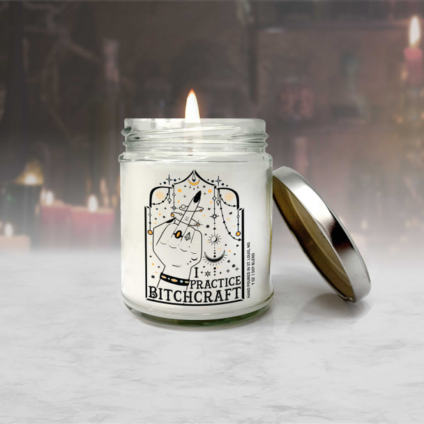 Funny halloween witchcraft pun I practice bitchcraft soy blend wax candle